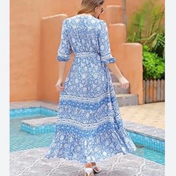 Heccpli Women’s 3/4 Sleeve Blue Floral Boho Maxi Dress Buttons and Tie Waist - Picture 6 of 14